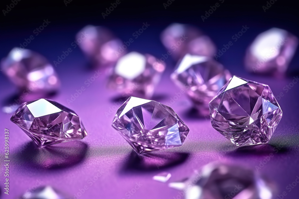 Glittering diamonds on a purple background. Abstract diamonds with sparkle. Round purple gems and jewelry diamond groups. Realistic 3D illustration. Generative AI Glittering diamonds on a purple background. Abstract diamonds with sparkle. Round purple gems and jewelry diamond groups. Realistic 3D illustration. Generative AI