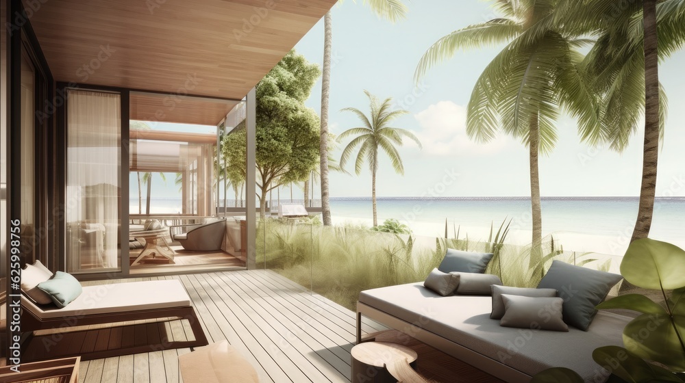 beautiful resort interior and patio terrace design living area open space balcony design with nature ocean beach and palm tree background,ai generate beautiful resort interior and patio terrace design living area open space balcony design with nature ocean beach and palm tree background,ai generate
