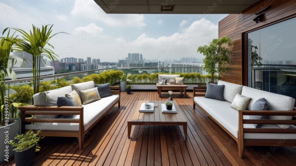 Obraz premium house villa resort open space interior design interior concept liing area and patio balcony connect to water pool and wooden deck cosy and natural touch feeling house beautiful ideas ,ai generate