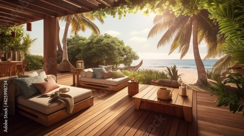 beautiful resort interior and patio terrace design living area open space balcony design with nature ocean beach and palm tree background ai generate