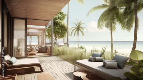beautiful resort interior and patio terrace design living area open space balcony design with nature ocean beach and palm tree background,ai generate © VERTEX SPACE