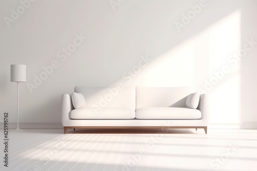Minimalistic white interior background. Large free space above the sofa.. Made with Generative AI.