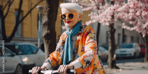 Generative AI, a gray-haired elderly stylish woman in glasses on an electric scooter or moped rides along a blooming spring European street, grandmother and modern transport, old age, active lifestyle