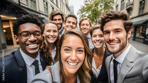 A multiracial group of friends or young businessmen and women dressed in suits take a smiling and happy selfie on the street. Teamwork  business and diversity