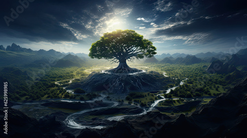 Epic Yggdrasil world tree, beautiful landscape, fantasy wallpaper, background