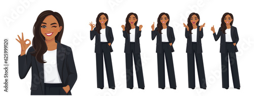 Indian elegant business woman in different poses set. Various gestures surprised, pointing, showing thumb up and ok sign isolated vector illustration