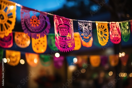 Colorful papel picado adorns night party. Made with Generative AI. photo
