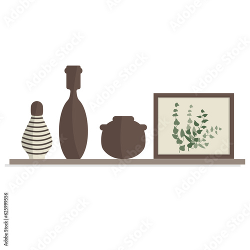 vases and frames on shelf