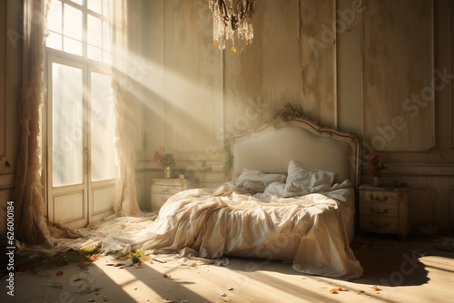 A shabby chic soft ashen bed room is lit with sun beams coming in from the left without people present