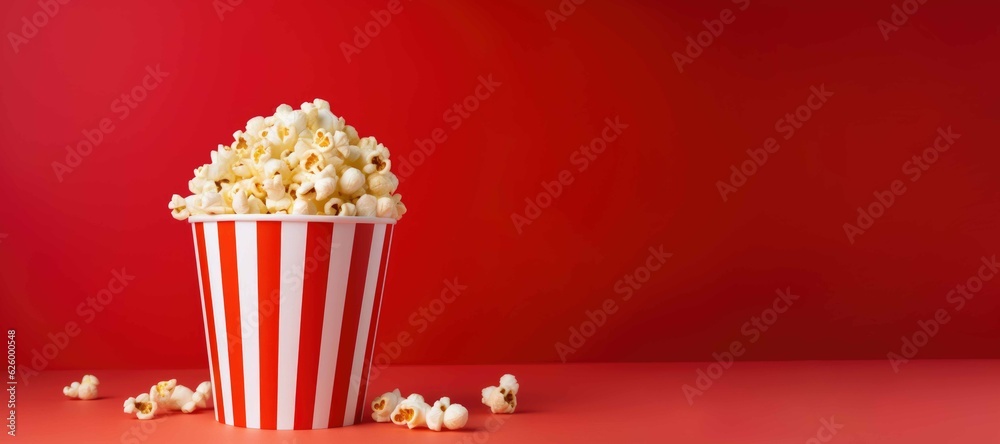 Popcorn in red and white cardboard box over red background created with Generative AI.