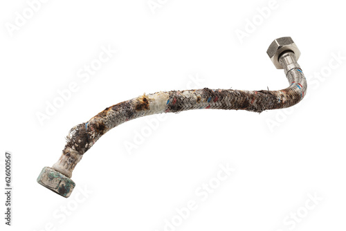 Damaged water hose with traces of corrosion, deformation of the protective layer and limescale isolated on a white background