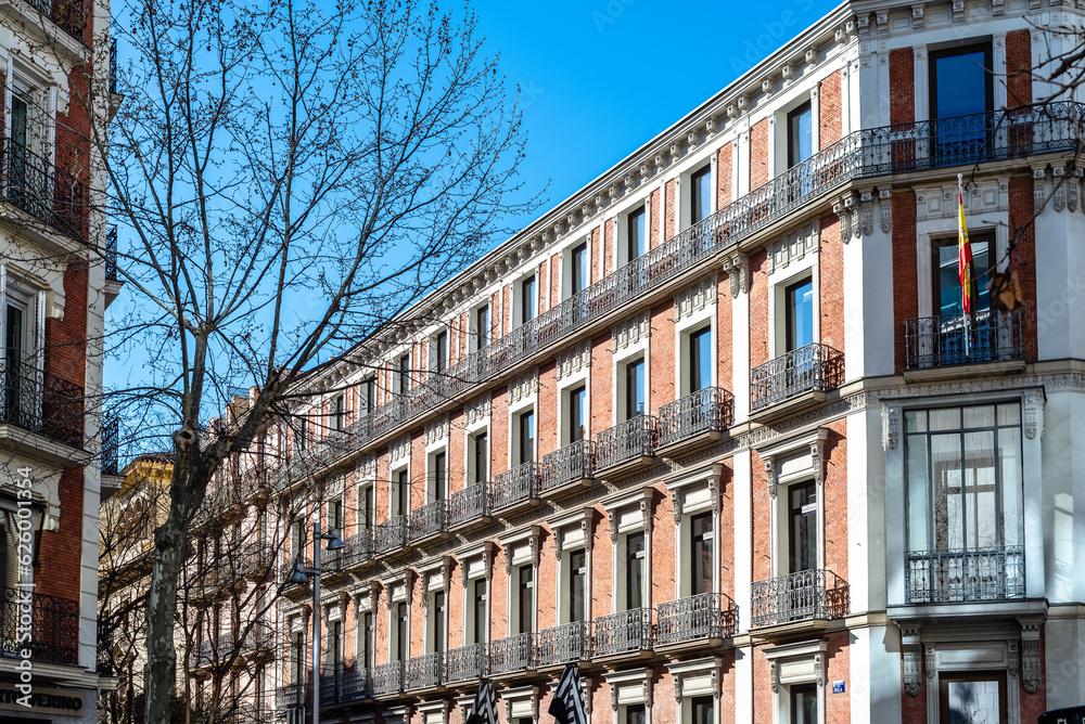 Luxury old residential buildings in Serrano Street in Salamanca neighborhood in central Madrid Luxury old residential buildings in Serrano Street in Salamanca neighborhood in central Madrid