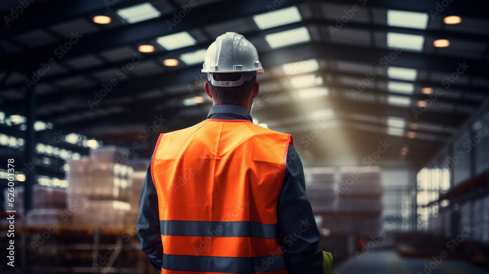 back view of worker man in modern warehouse, generative ai back view of worker man in modern warehouse, generative ai