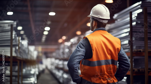 back view of worker man in modern warehouse, generative ai