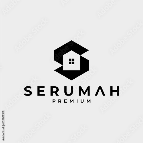 SERUMAH BUILDING HOME LETTER S LOGO BLACK VECTOR ICON ILLUSTRATION PREMIUM