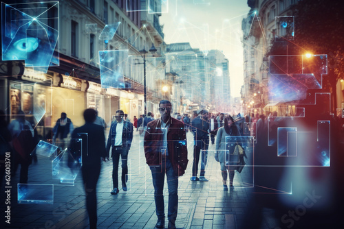 Walking business people are tracked with CCTV AI facial recognition technology, Big Data Analysis, scanning crowd, personal security, privacy protection concept. High quality photo © Starmarpro