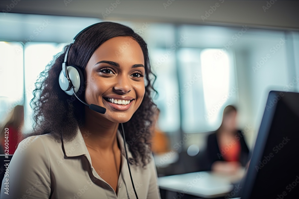 Female call center agent with headset - obrazy, fototapety, plakaty 