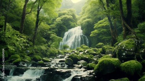 Majestic waterfall cascading through a green forest