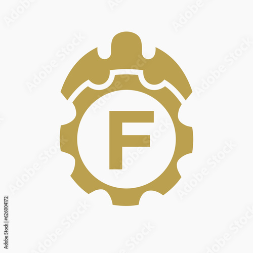 Construction Logo Letter F Concept With Gear Icon. Engineering Architect Repair Logotype