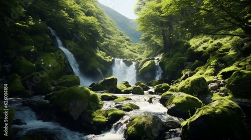 Majestic waterfall cascading through a lush green forest
