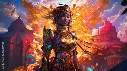 Warrior woman in golden armor surrounded by a blazing fireball, female warrior, colorful fantasy art, illustration