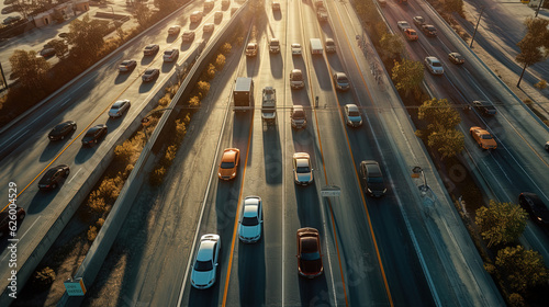Aerial view of traffic on the highway at sunrise. Generative AI