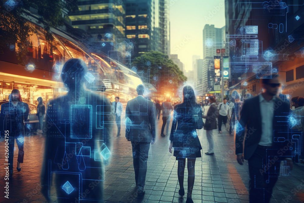 Walking business people are tracked with CCTV AI facial recognition technology, Big Data Analysis, scanning crowd, personal security, privacy protection concept. High quality photo Walking business people are tracked with CCTV AI facial recognition technology, Big Data Analysis, scanning crowd, personal security, privacy protection concept. High quality photo