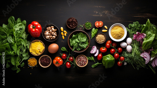 Vegetables on the black table. Top view with copy space. Flat lay