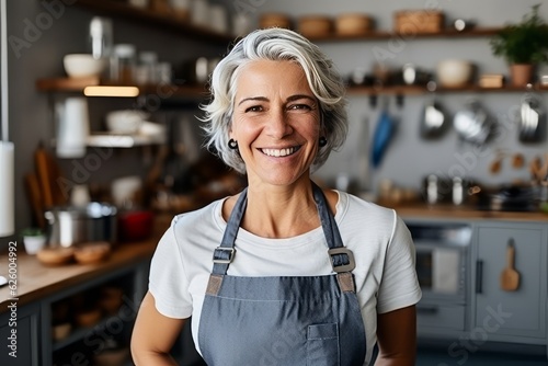 Fotografia Portrait of smiling senior woman standing with arms crossed in kitchen at home