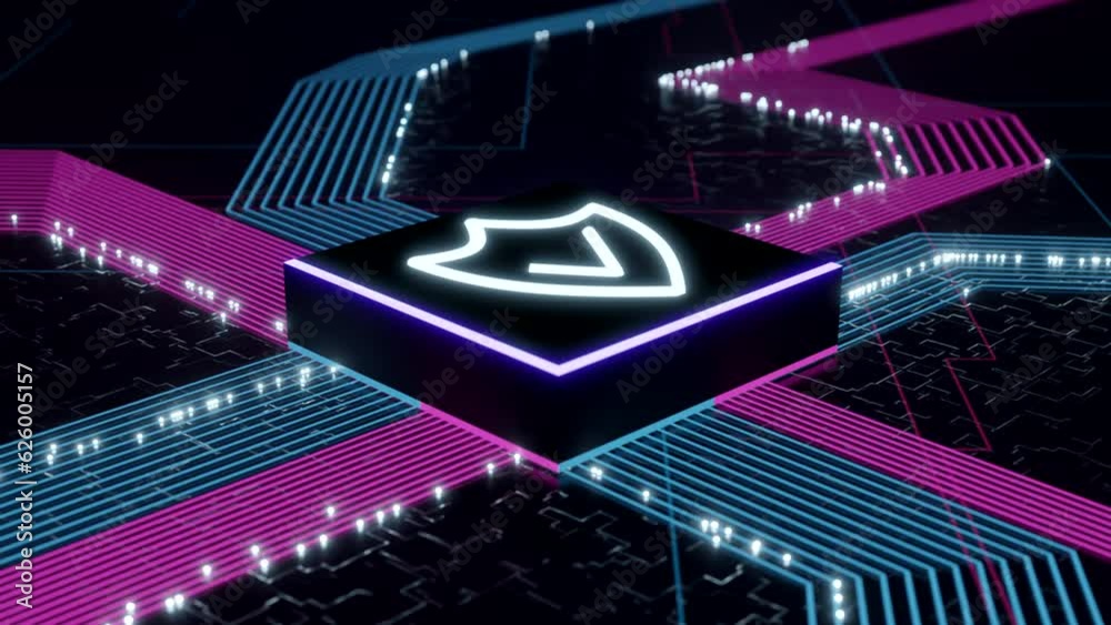 Security microchip concept. Blue and Pink traces on motherboard. Data security 3D render. Security microchip concept. Blue and Pink traces on motherboard. Data security 3D render.