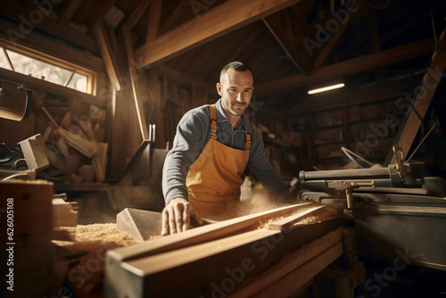A young caucasian male craftsman are working happily with a saw in a clean and modern workshop wearing an apron