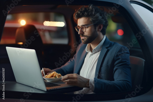 An adult caucasian business-man is working concentrated with computer without logo in the backseat of a expensive modern car while eating a sandwhich © pangamedia