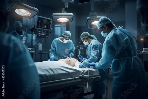 A team of professional female and male surgeons are operating a human patient in the abdominal area with a deep concentration with specialized medical equipment in a OR or surgery room of a hospital 