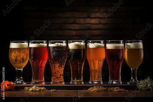 A composition of glasses full of different types of beer, standing in a row. Assortment of different types of beer poured into glasses on dark background.