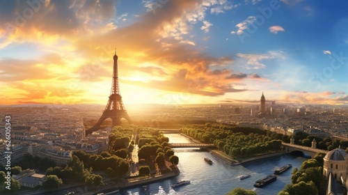 Panoramic view capturing the Paris skyline with the Eiffel Tower