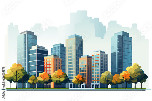 Cityscape with tall skyscrapers, office buildings and trees. Isolated business district. Vector illustration.