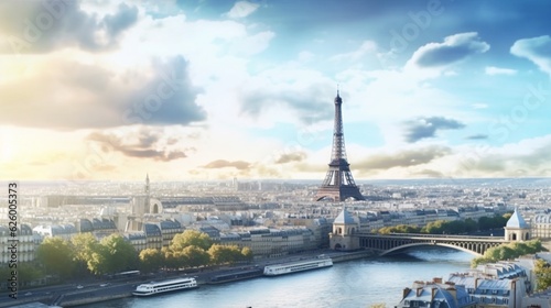 Panoramic view capturing the Paris skyline with the Eiffel Tower 
