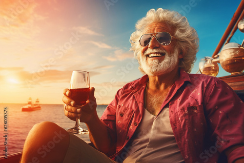 An aged caucasian senior is travelling happy with a glass of wine on a sailing vibrant boat on vacation while retired