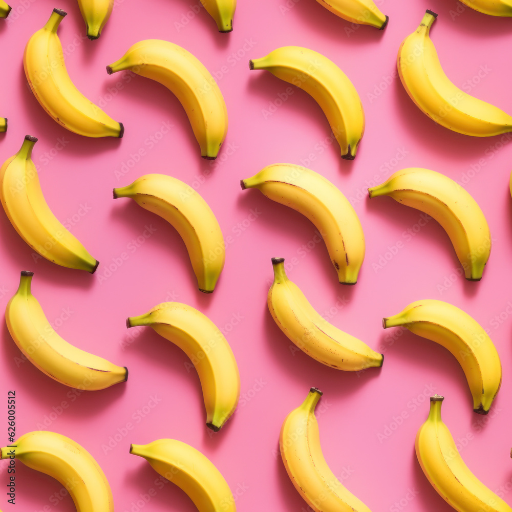 Banana fruit on pink background, yellow ripe bananas, repeat background, top view photo created with generative AI