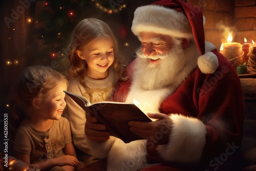Santa Claus reads a christmas story to young girls
