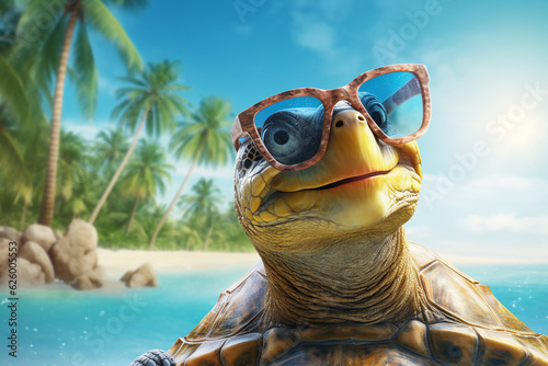 A holiday happy turtle is smiling sunglasses next to the  pool ; a vacation background or banner