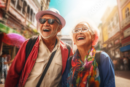 An aged mixed racial elder an his wife are travelling happy with holiday clothing in a vibrant city on vacation while retired