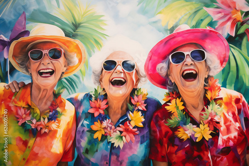 A holiday attractive group of grannies are smiling sunglasses with a colorful background ; a tropical background or banner