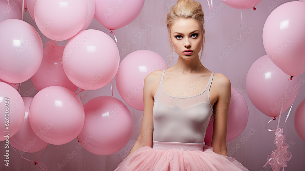 generative ai illustration of a pretty ballerina with pink party balloons