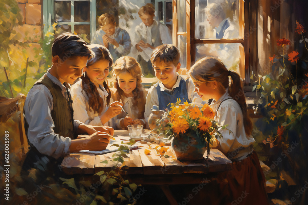 A happy group of boys and girls are painting beautifully with their hands at rustic home on a large painting A happy group of boys and girls are painting beautifully with their hands at rustic home on a large painting