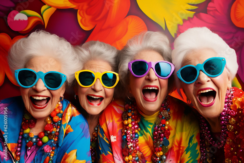A holiday happy group of grannies are smiling sunglasses with a colorful background ; a vacation background or banner