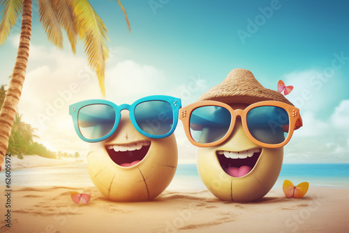 A holiday happy couple is smiling sunglasses on a beach ; a vacation background or banner