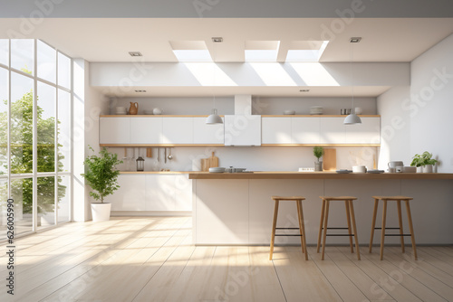 A modern and clean soft white kitchen is lit with sun beams coming in from the left without people present