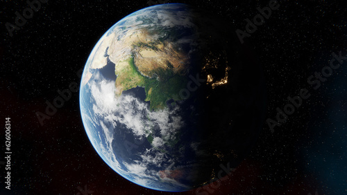 Fototapeta Naklejka Na Ścianę i Meble -  Earth view from space. Day and night cycle. Asia. Australia. Night lights from space. 4K illustration realistic atmosphere. Clouds from space.