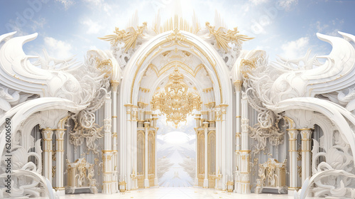 Pearly gates, heaven's gate, divine portal, palace in the clouds, background, white and gold